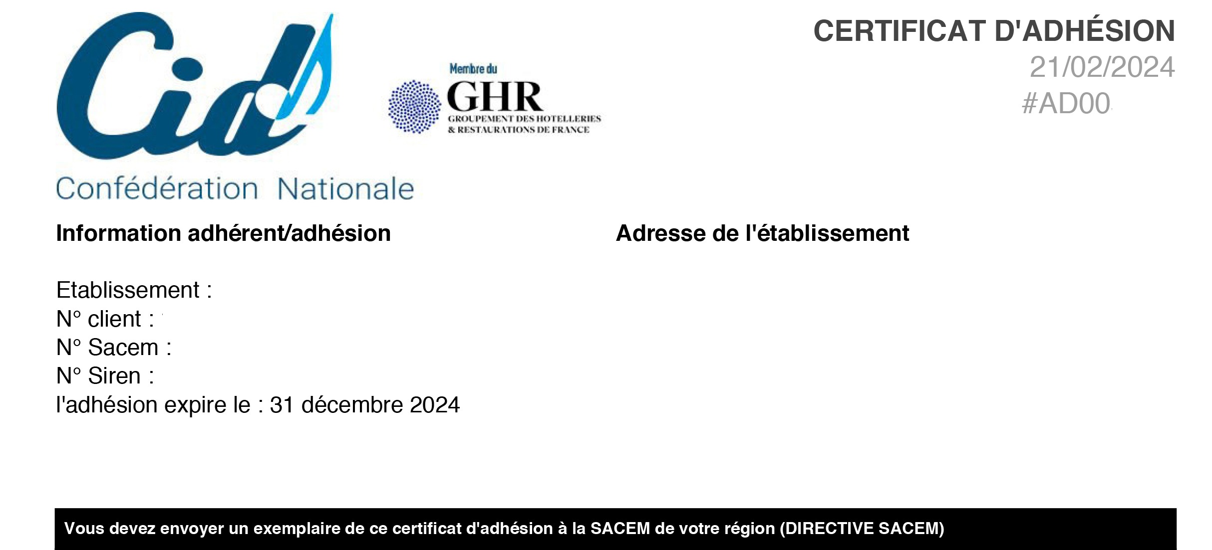 Sacem : pensez à adresser votre attestation d’adhésion CID-GHR 2024 pour continuer à bénéficier de la réduction